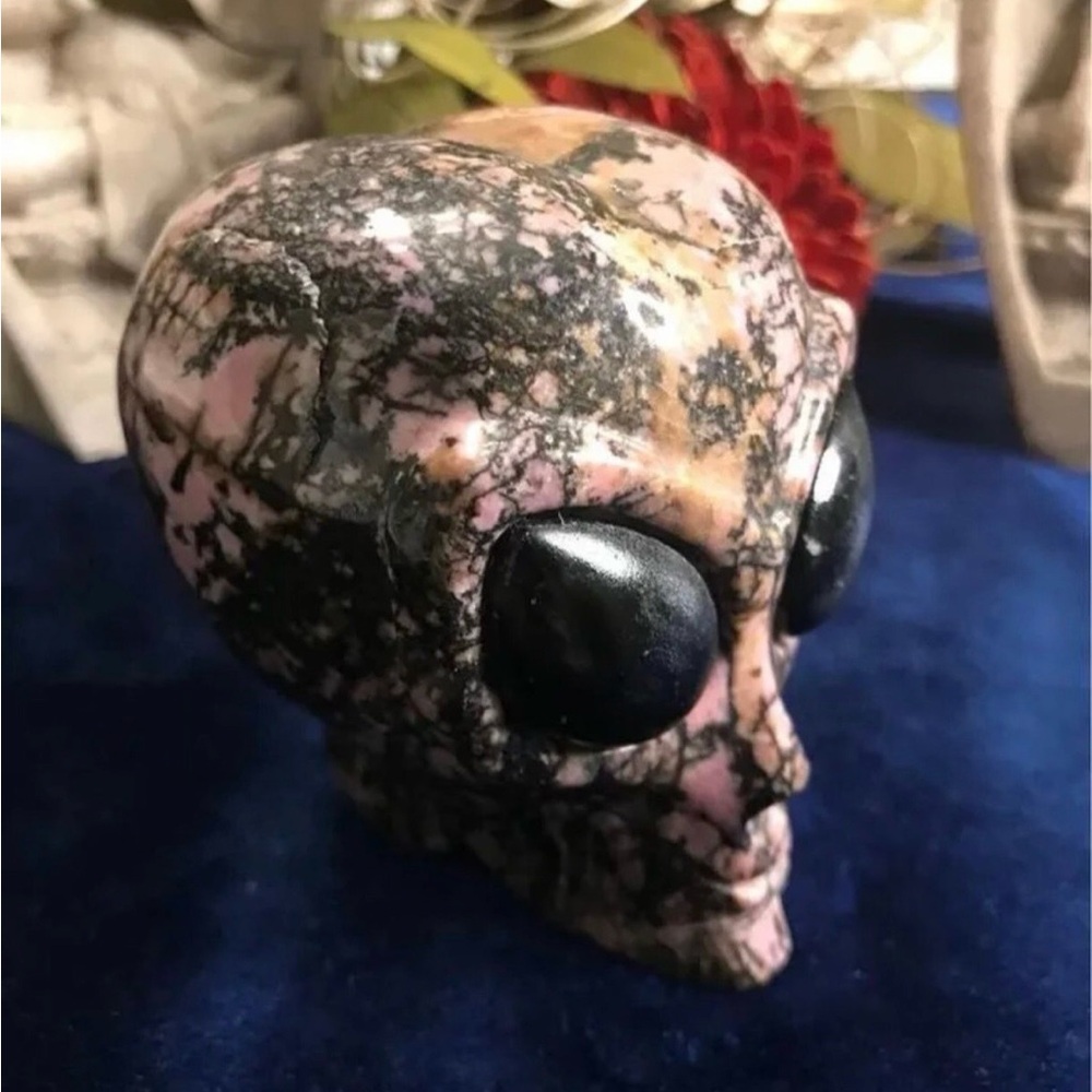Pink Rhodonite Alien Skull Crystal Carving Black Tourmailine Eyes - LAST ONE